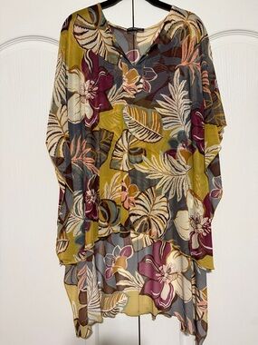 cha cha vente Sheer Floral High-Low Tunic in Mustard, Burgundy & Teal